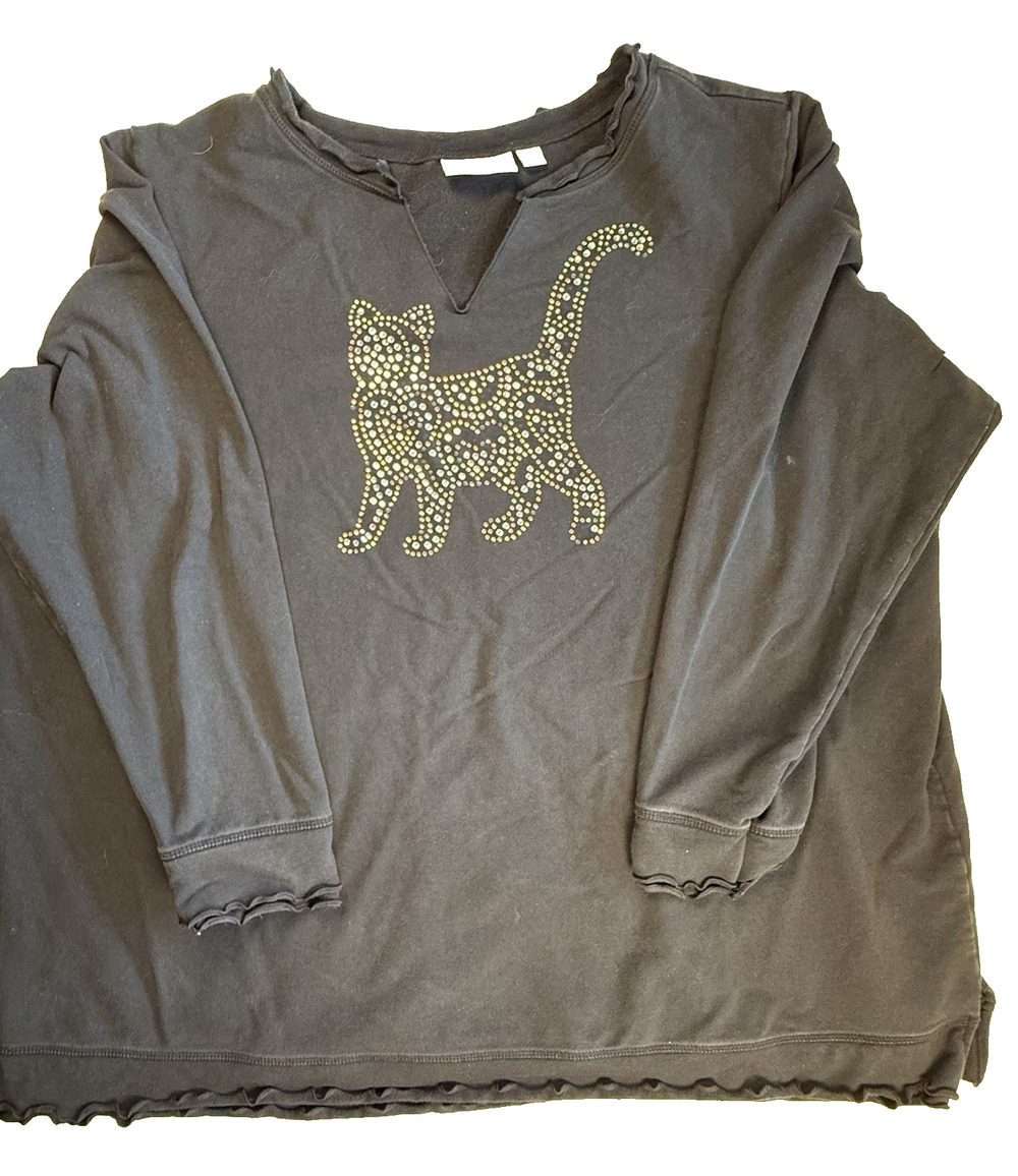 Quacker Factory Plus Size 3xl Black rhinestone cat sweatshirt notch neck Bling